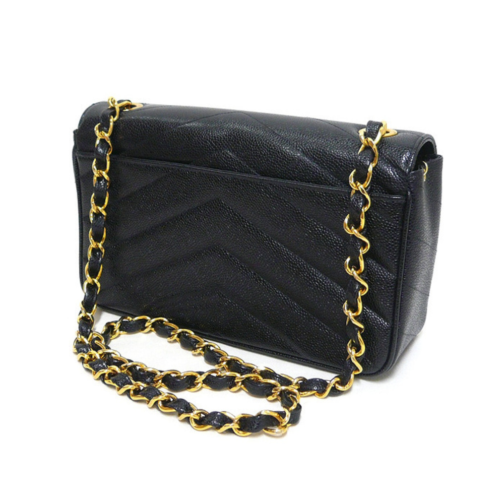 Chanel Gold Bag Chevron Caviar Skin Chain Black Shoulder